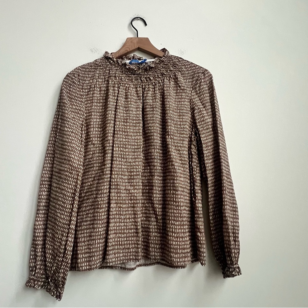 J.McLaughlin Antonia blouse Khaki/cream Abstract Order Large Ruffle Cottagecore - Picture 4 of 14